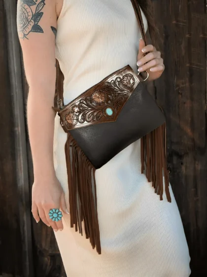 Classic Western Hand Tooled Shoulder Bag