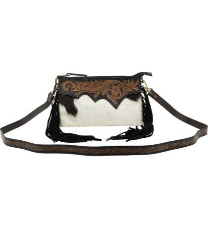 Long Hair-On Hand Tooled Shoulder Bags with Fringes