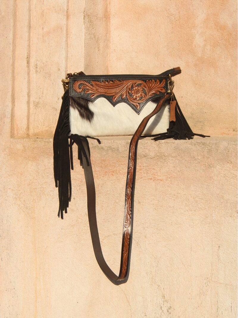 Long Hair-On Hand Tooled Shoulder Bags with Fringes - Image 7