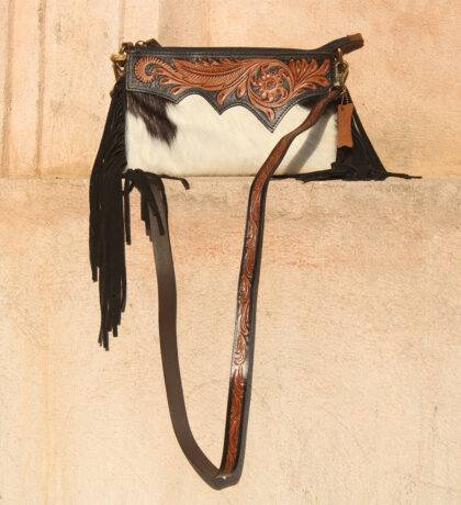 Long Hair-On Hand Tooled Shoulder Bags with Fringes