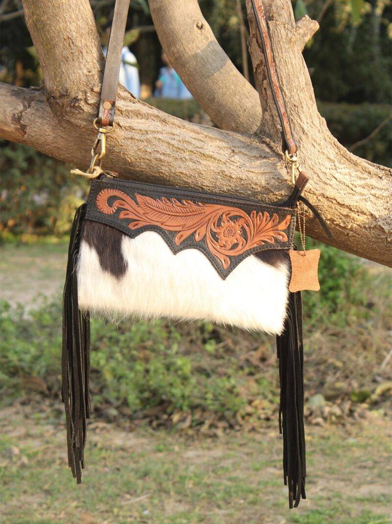 Long Hair-On Hand Tooled Shoulder Bags with Fringes