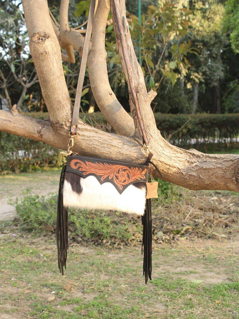 Long Hair-On Hand Tooled Shoulder Bags with Fringes - Image 3