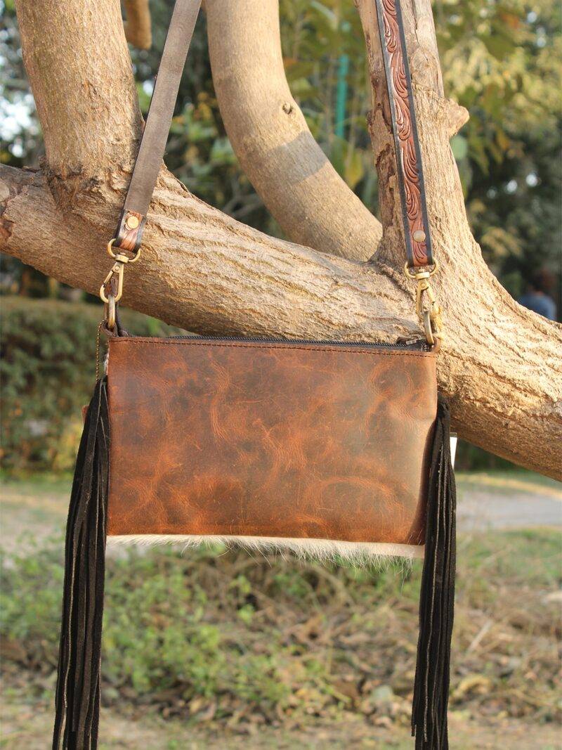Long Hair-On Hand Tooled Shoulder Bags with Fringes - Image 2