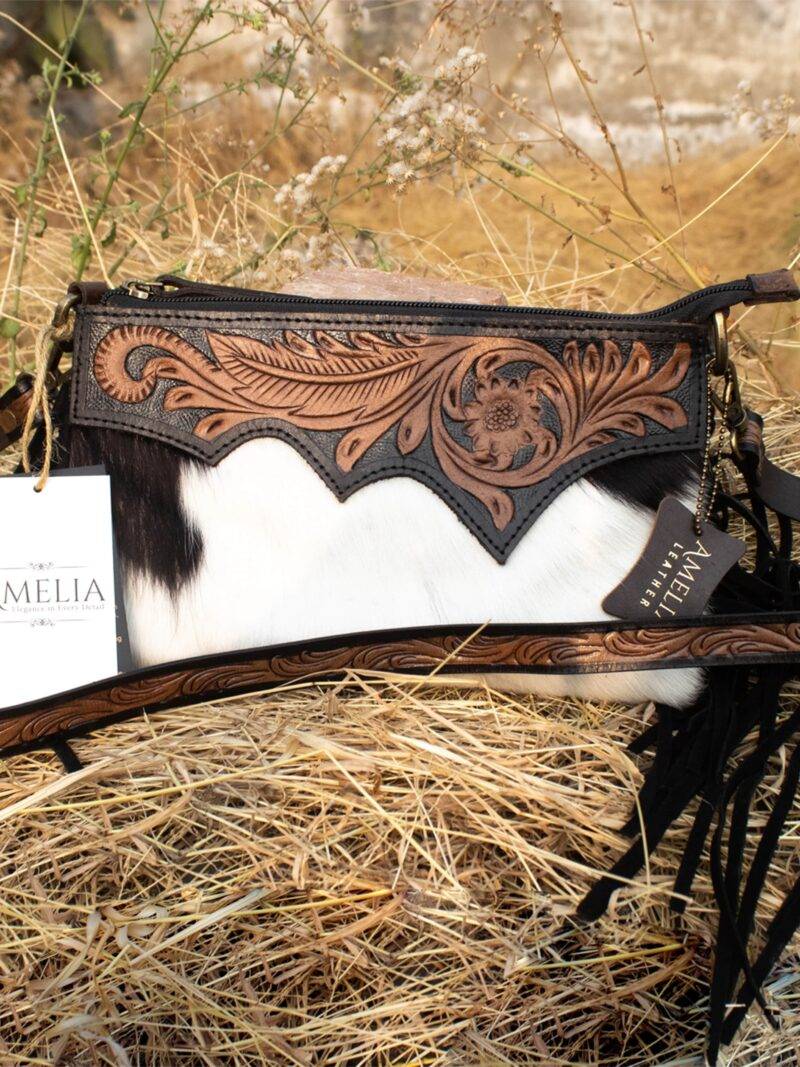 Long Hair-On Hand Tooled Shoulder Bags with Fringes - Image 5