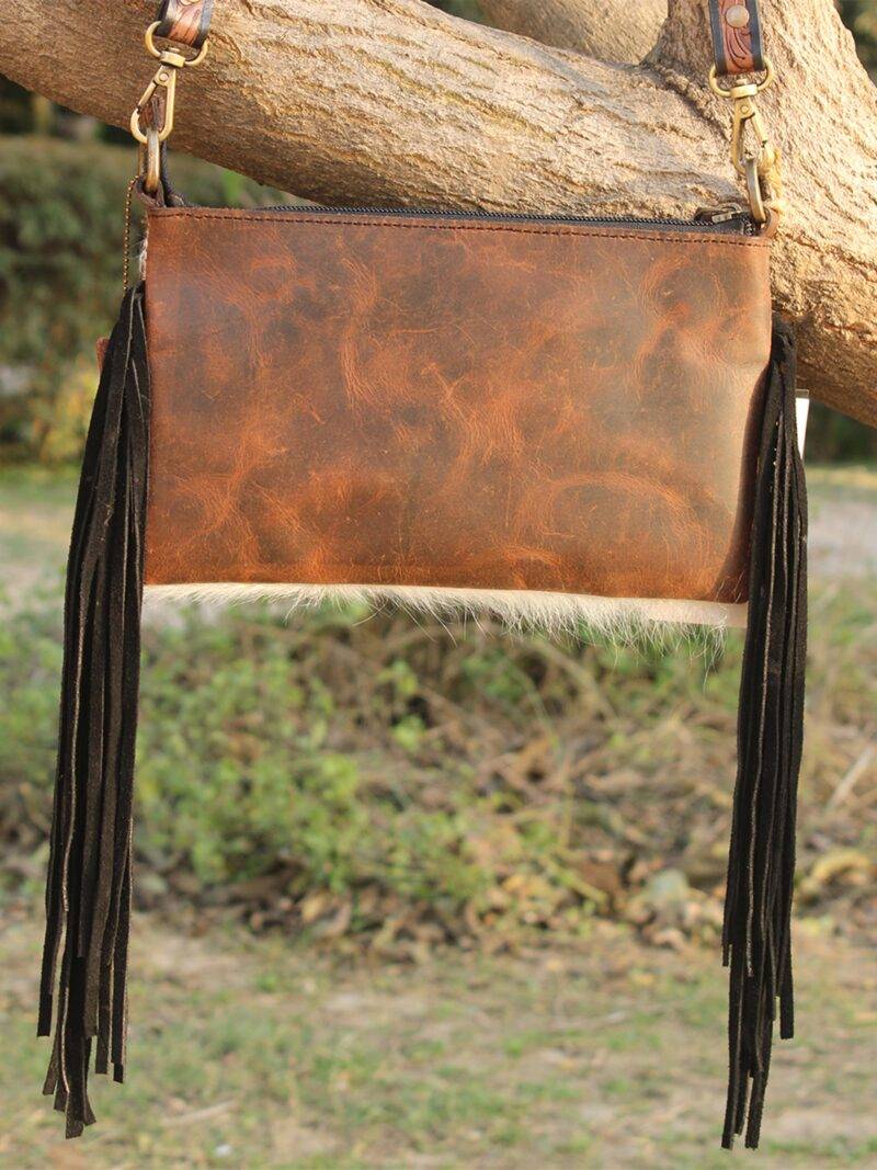 Long Hair-On Hand Tooled Shoulder Bags with Fringes - Image 6