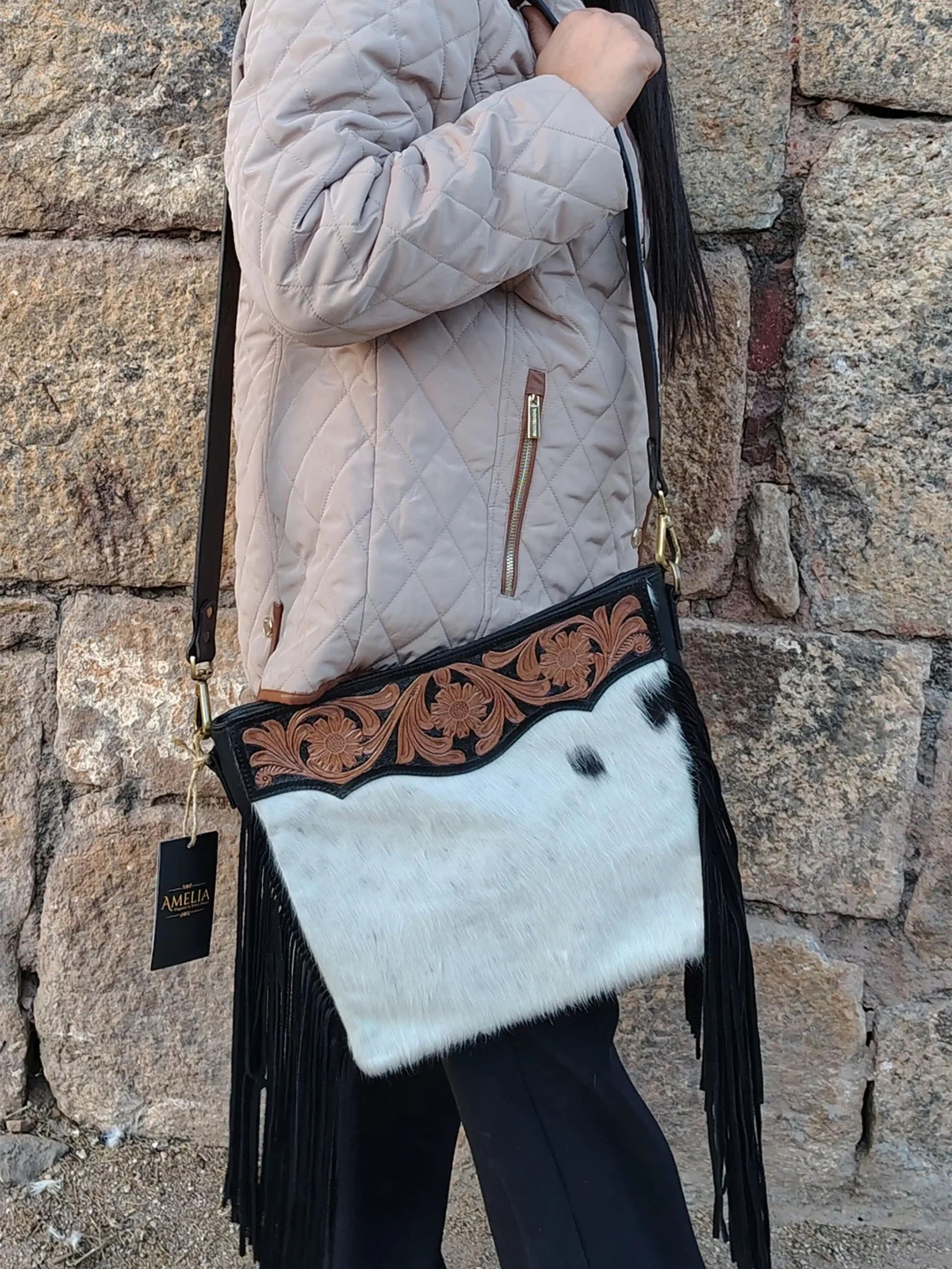 Large Hair-On Hand Tooled Shoulder Bags - Image 2