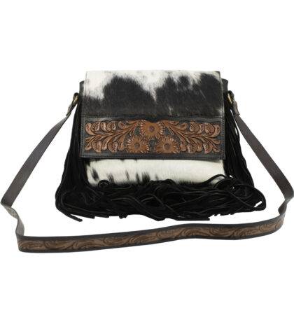 Hair-On Hand Tooled Shoulder Bags with Fringes