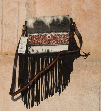 Hair-On Hand Tooled Shoulder Bags with Fringes