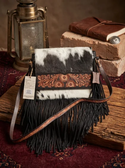 Hair-On Hand Tooled Shoulder Bags with Fringes