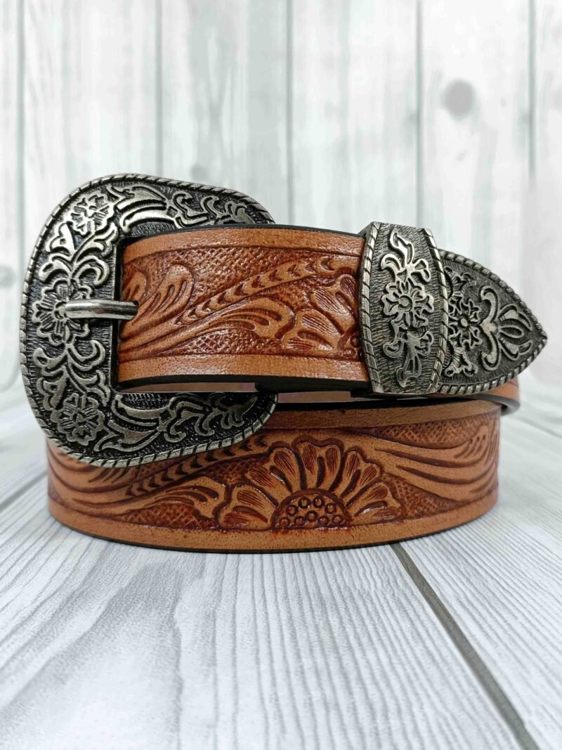 Floral Pattern Tooled Western Belt - Image 2