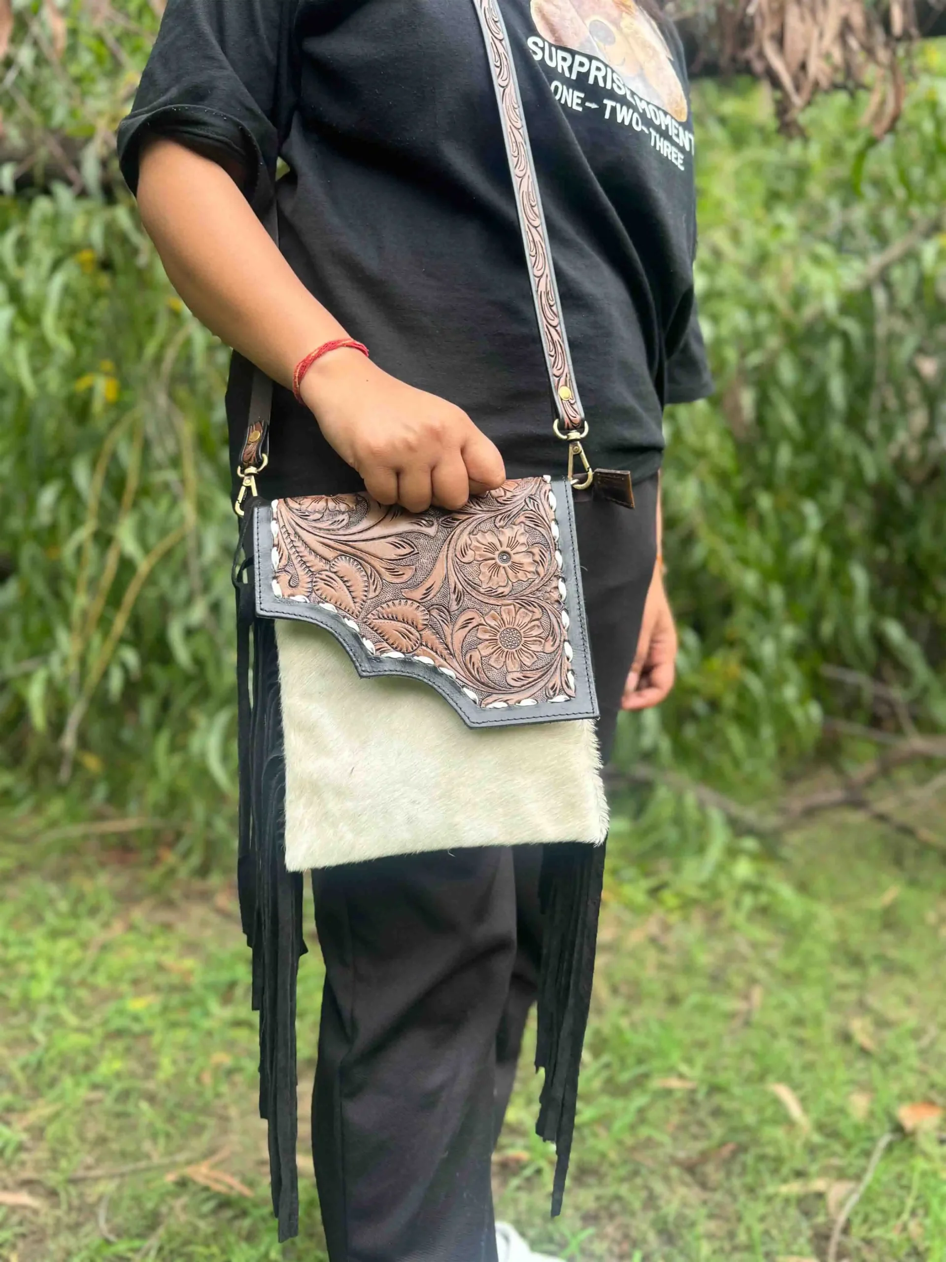 Hand-Tooled Leather & Hair-On Crossbody Bag