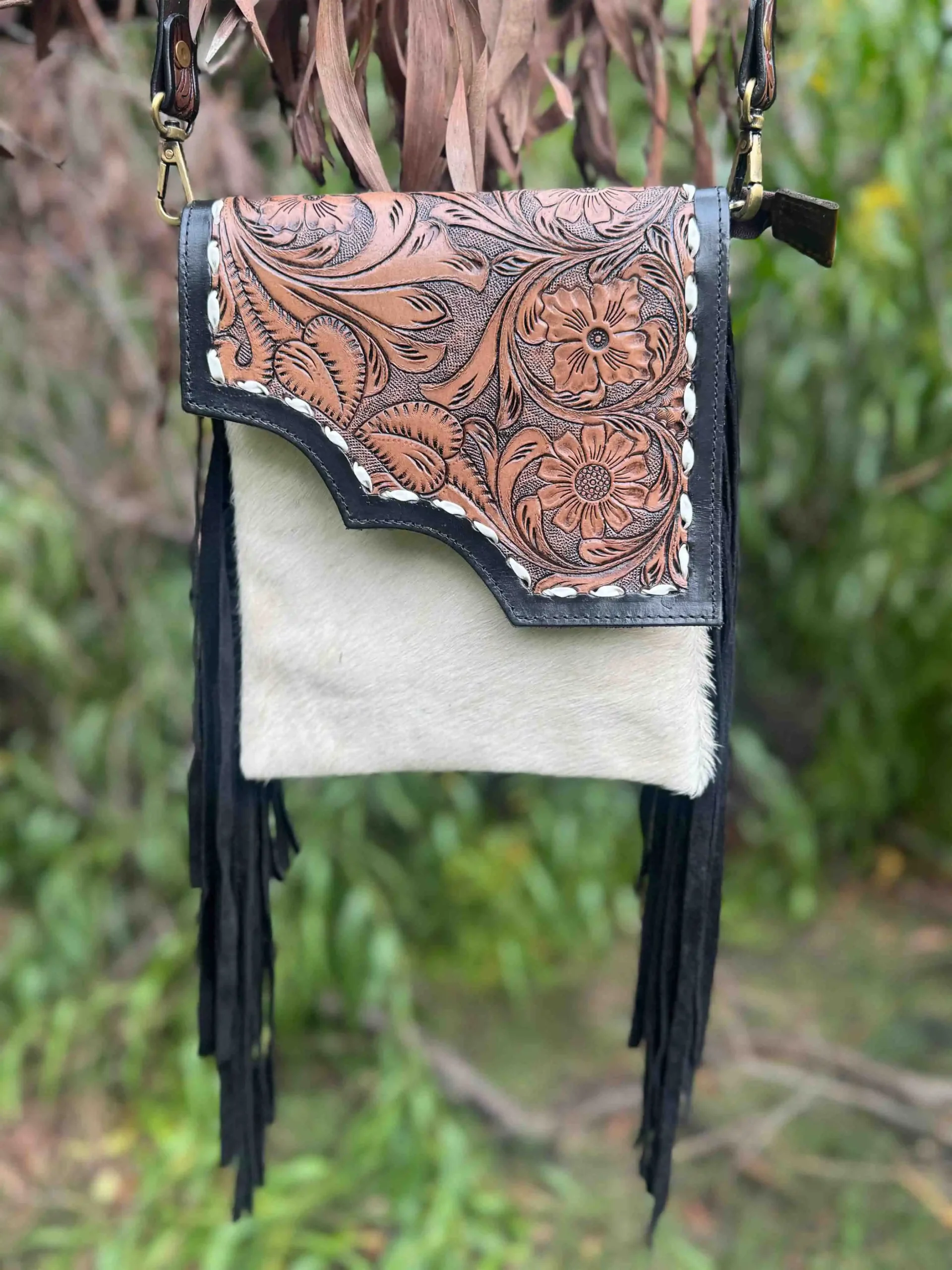 Hand-Tooled Leather & Hair-On Crossbody Bag - Image 2