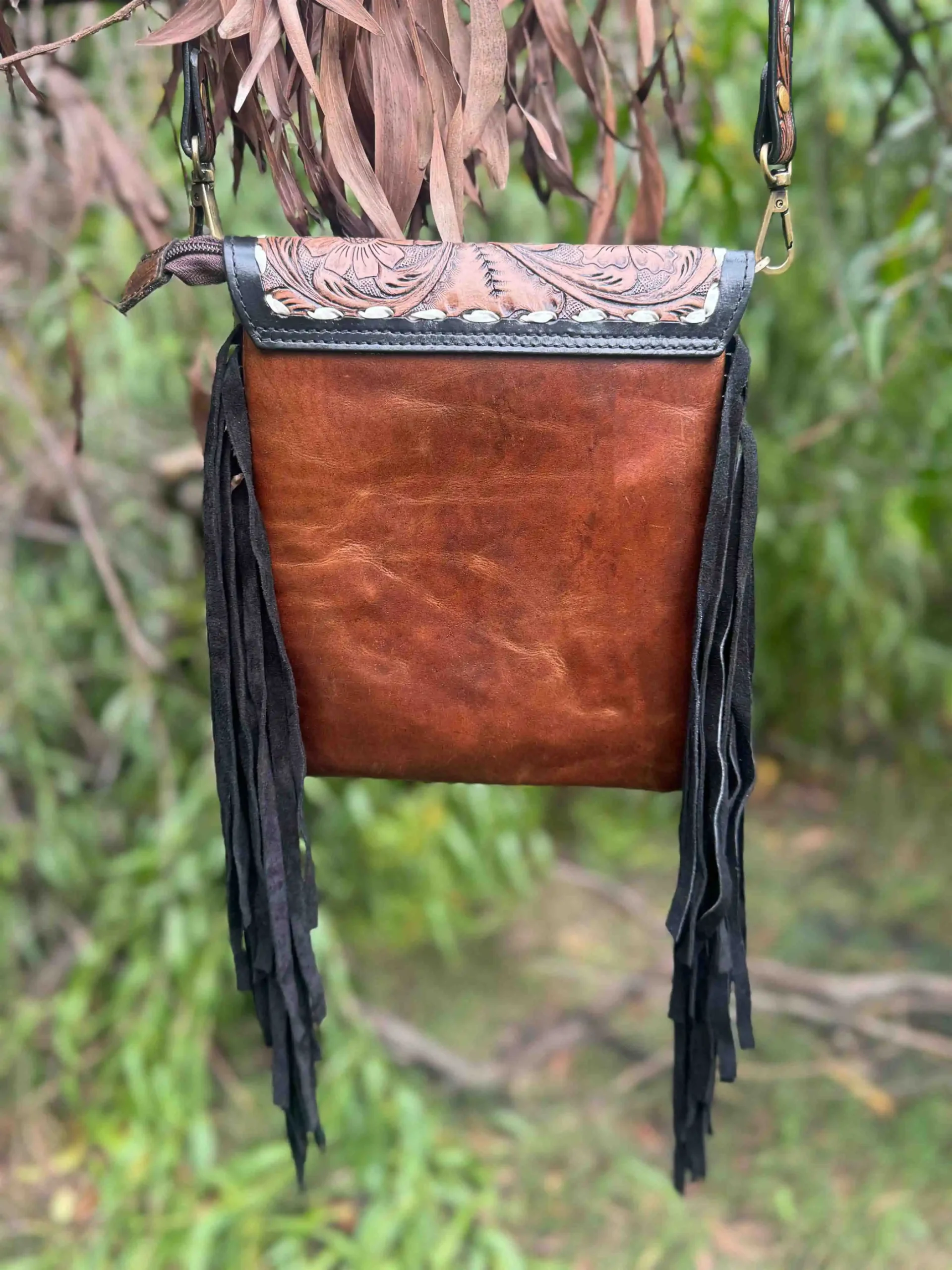 Hand-Tooled Leather & Hair-On Crossbody Bag - Image 4