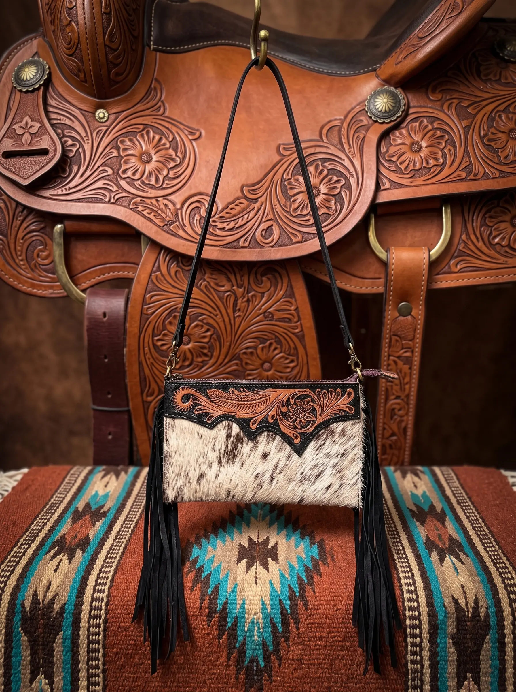 Long Hand-Tooled Leather & Hair-On Crossbody Bag - Image 3