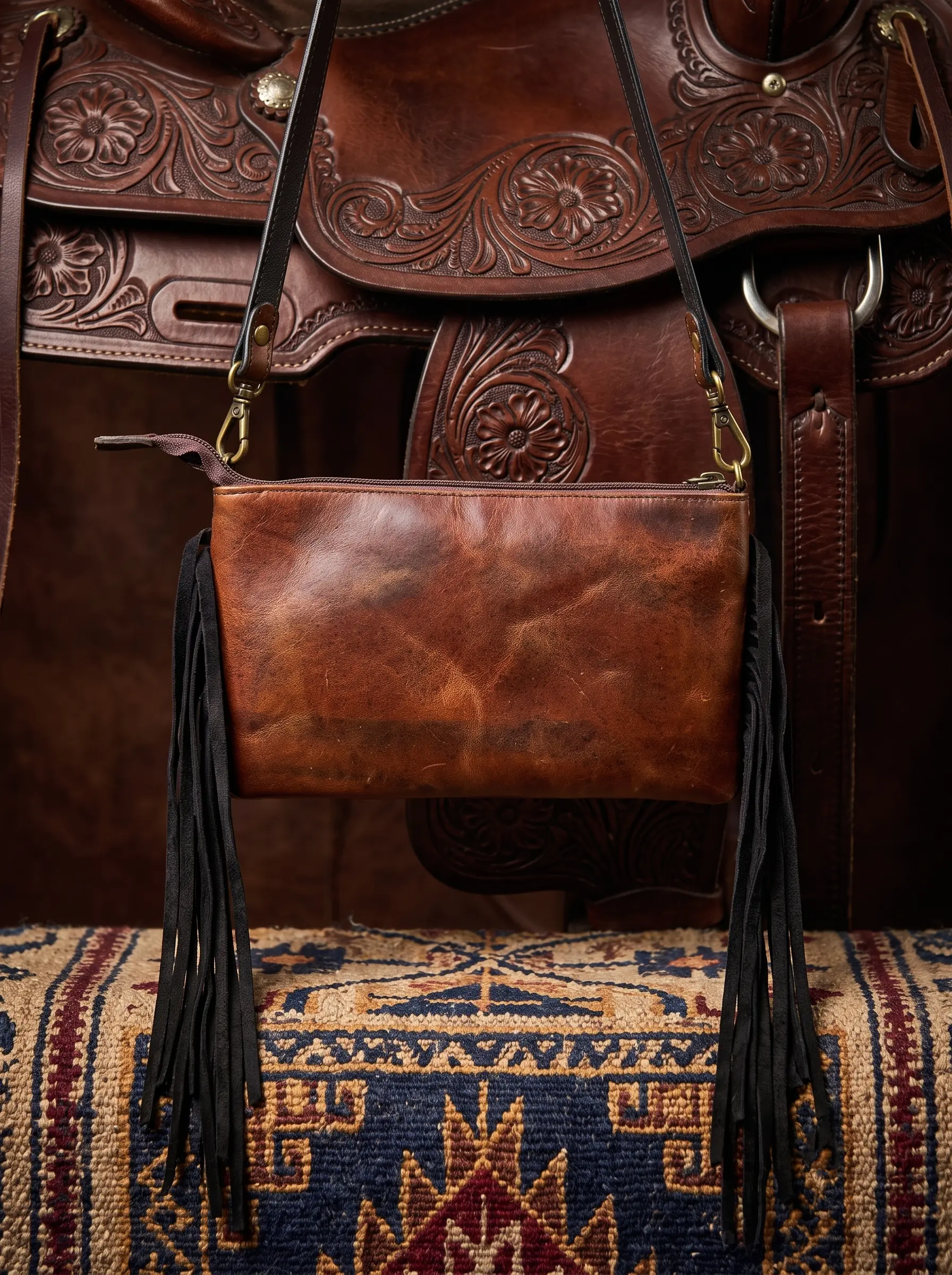 Long Hand-Tooled Leather & Hair-On Crossbody Bag - Image 4