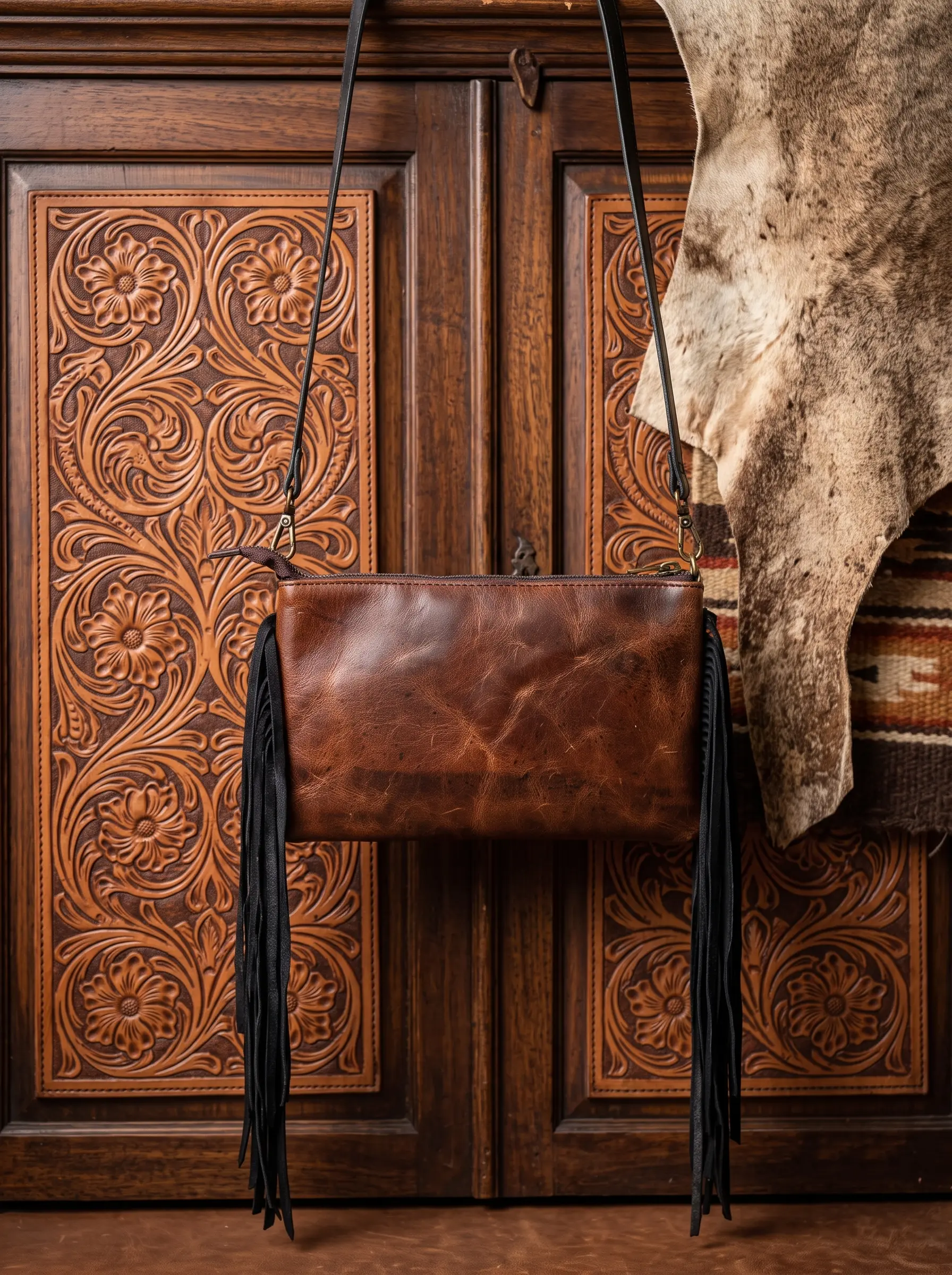 Long Hand-Tooled Leather & Hair-On Crossbody Bag - Image 5
