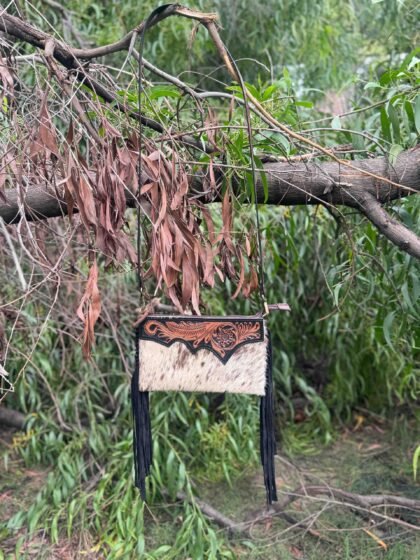 Long Hand-Tooled Leather & Hair-On Crossbody Bag