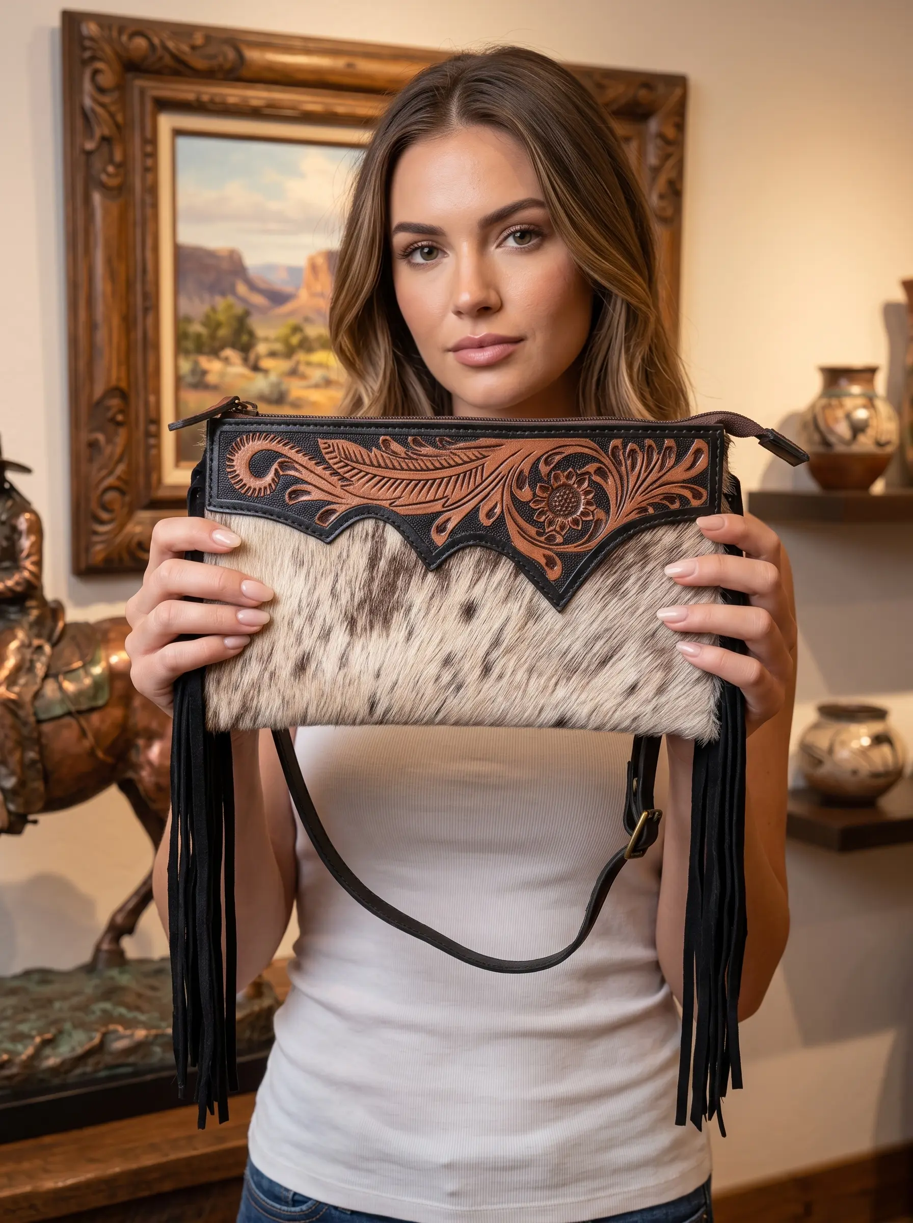 Long Hand-Tooled Leather & Hair-On Crossbody Bag - Image 2