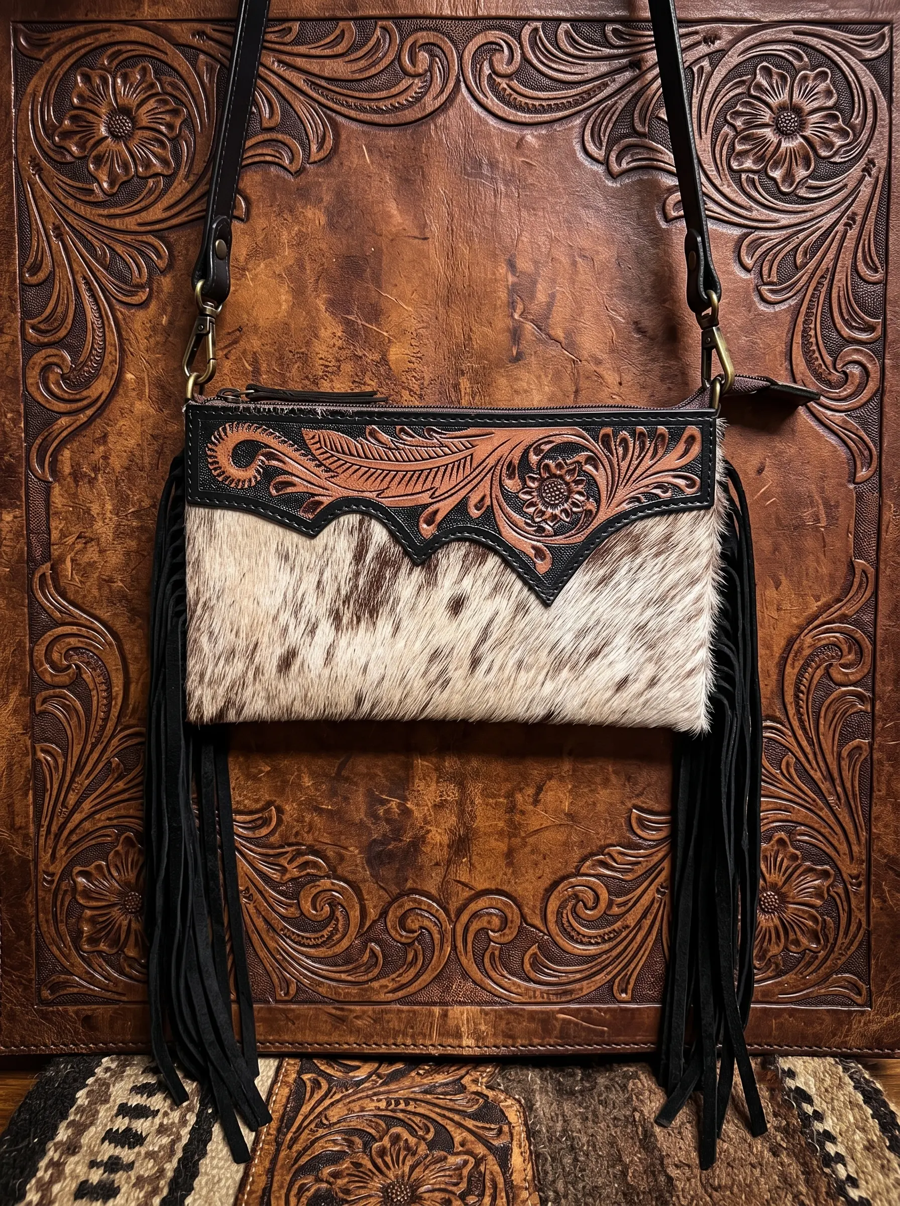 Long Hand-Tooled Leather & Hair-On Crossbody Bag