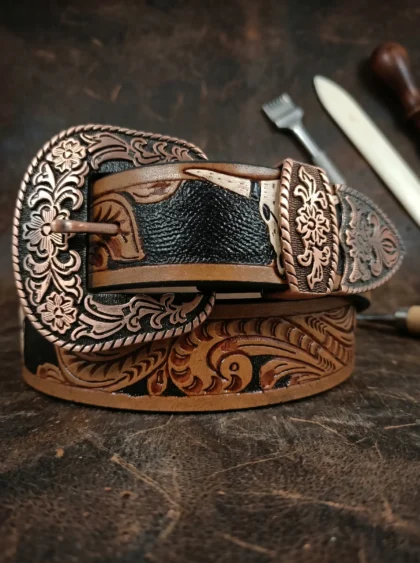 Aesthetic Floral Pattern Tooled Western Belt
