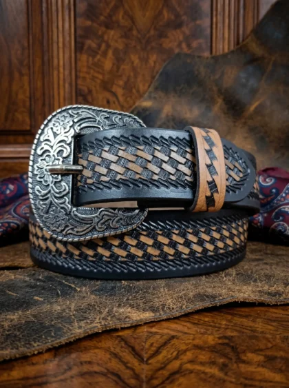 Classic Basket Weave Embossing Pattern Tooled Western Belt