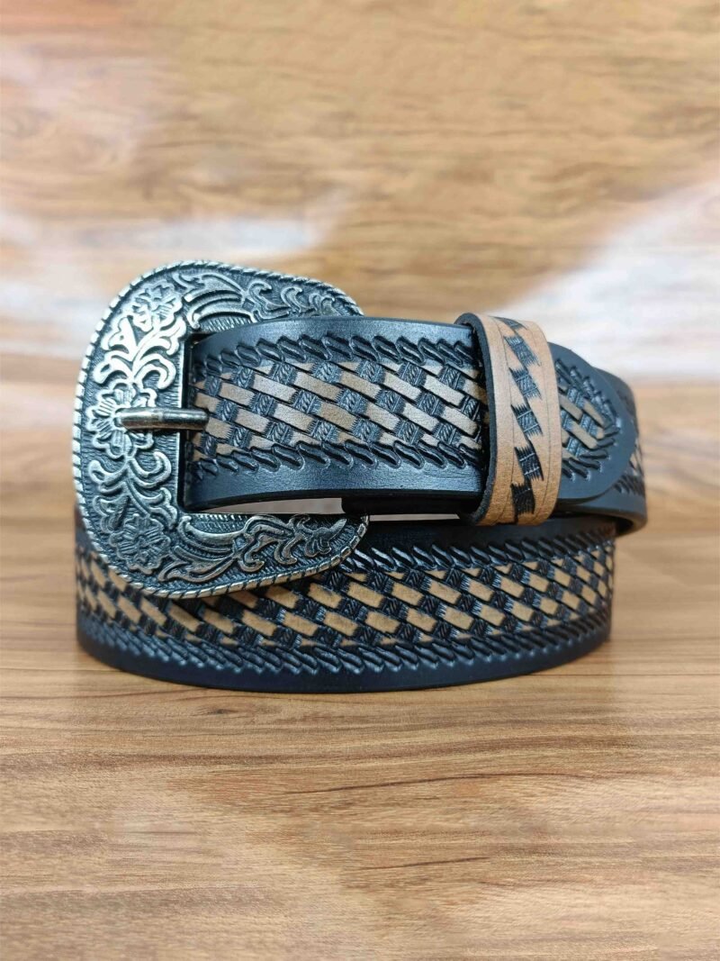 Classic Basket Weave Embossing Pattern Tooled Western Belt - Image 2