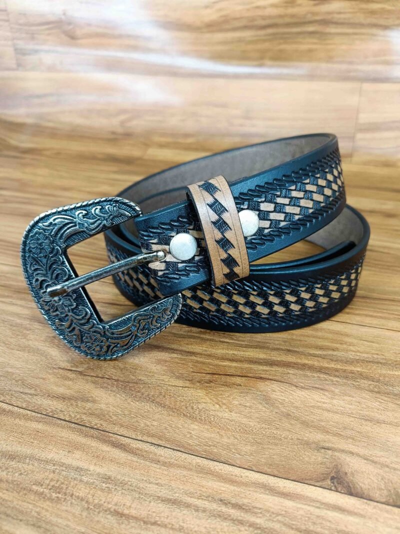 Classic Basket Weave Embossing Pattern Tooled Western Belt - Image 4