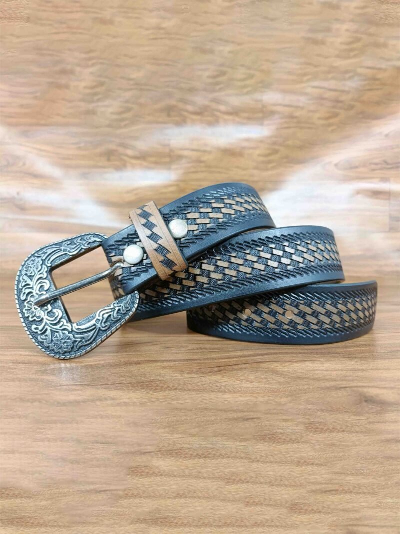 Classic Basket Weave Embossing Pattern Tooled Western Belt - Image 3