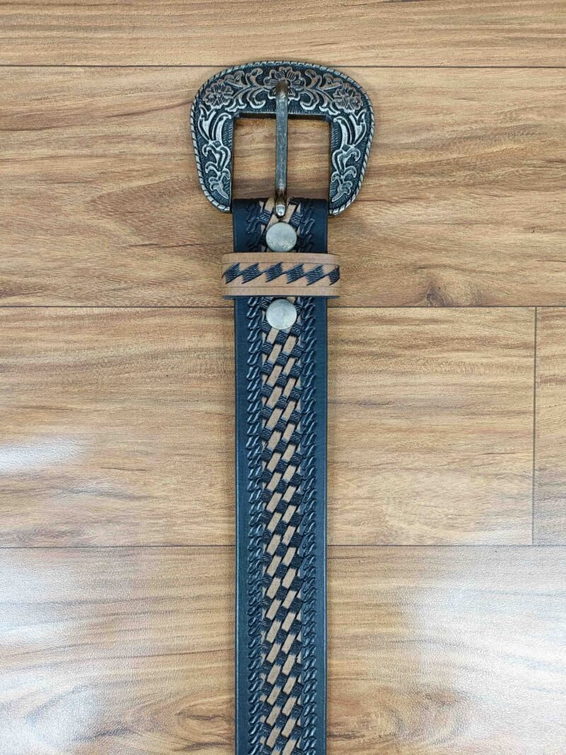 Classic Basket Weave Embossing Pattern Tooled Western Belt - Image 5