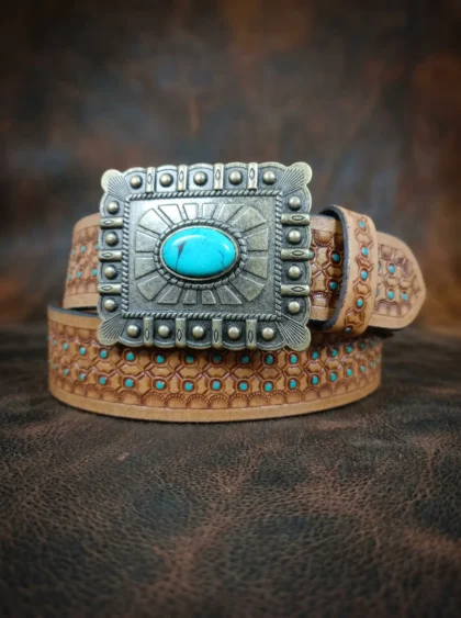 Eye-Catching Turquoise Stone Pattern Tooled Western Belt