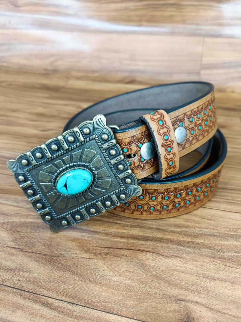 Eye-Catching Turquoise Stone Pattern Tooled Western Belt - Image 3