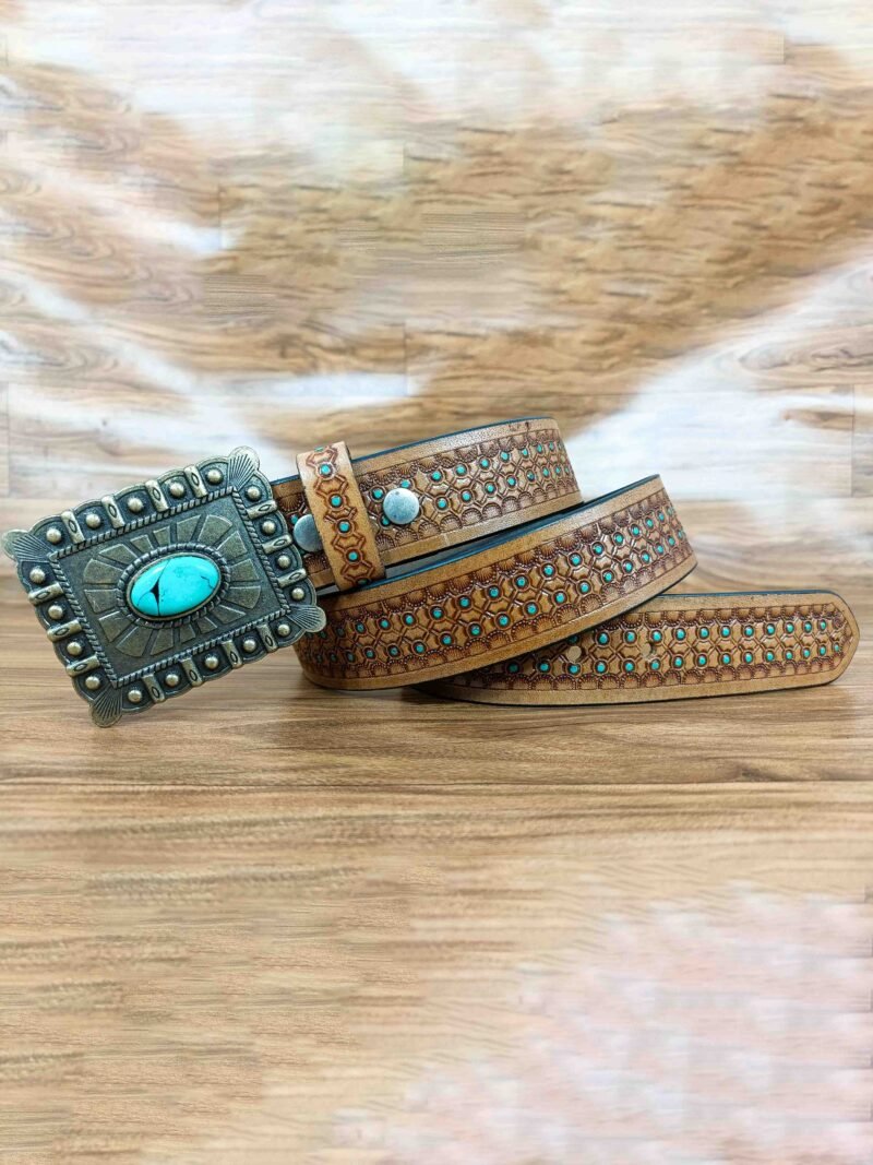 Eye-Catching Turquoise Stone Pattern Tooled Western Belt - Image 4
