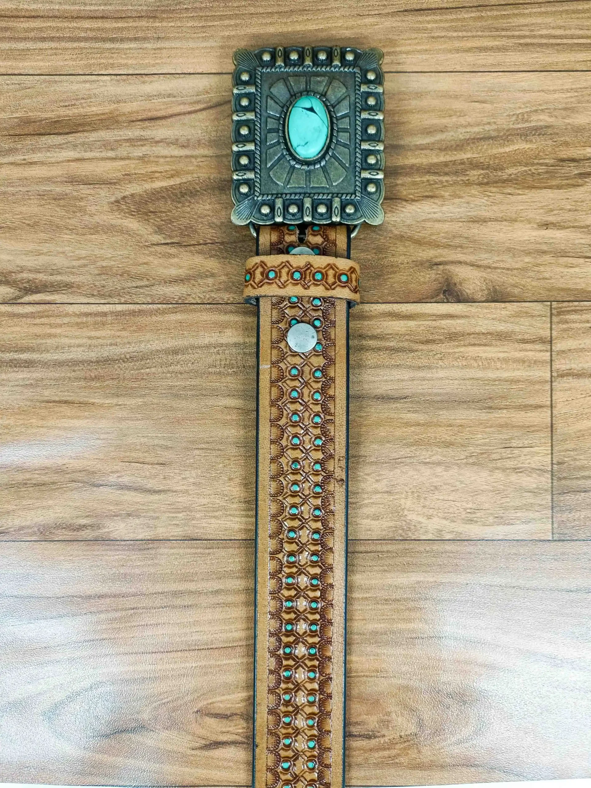 Eye-Catching Turquoise Stone Pattern Tooled Western Belt - Image 4
