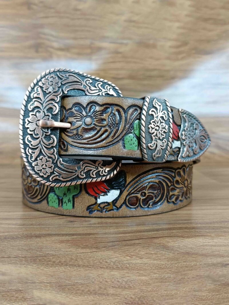 Multicolor Deep Floral Pattern Tooled Western Belt - Image 2