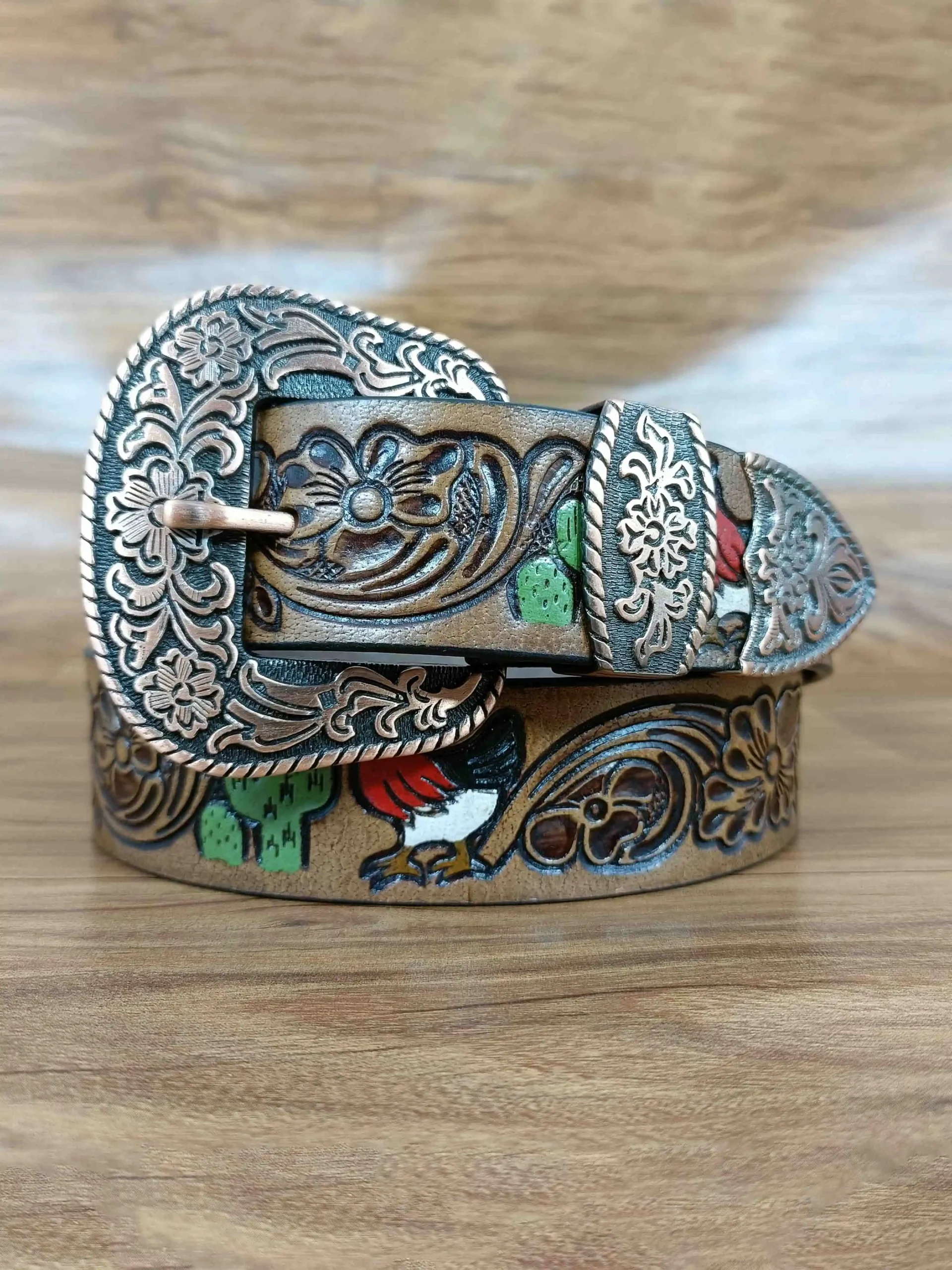 Multicolor Deep Floral Pattern Tooled Western Belt
