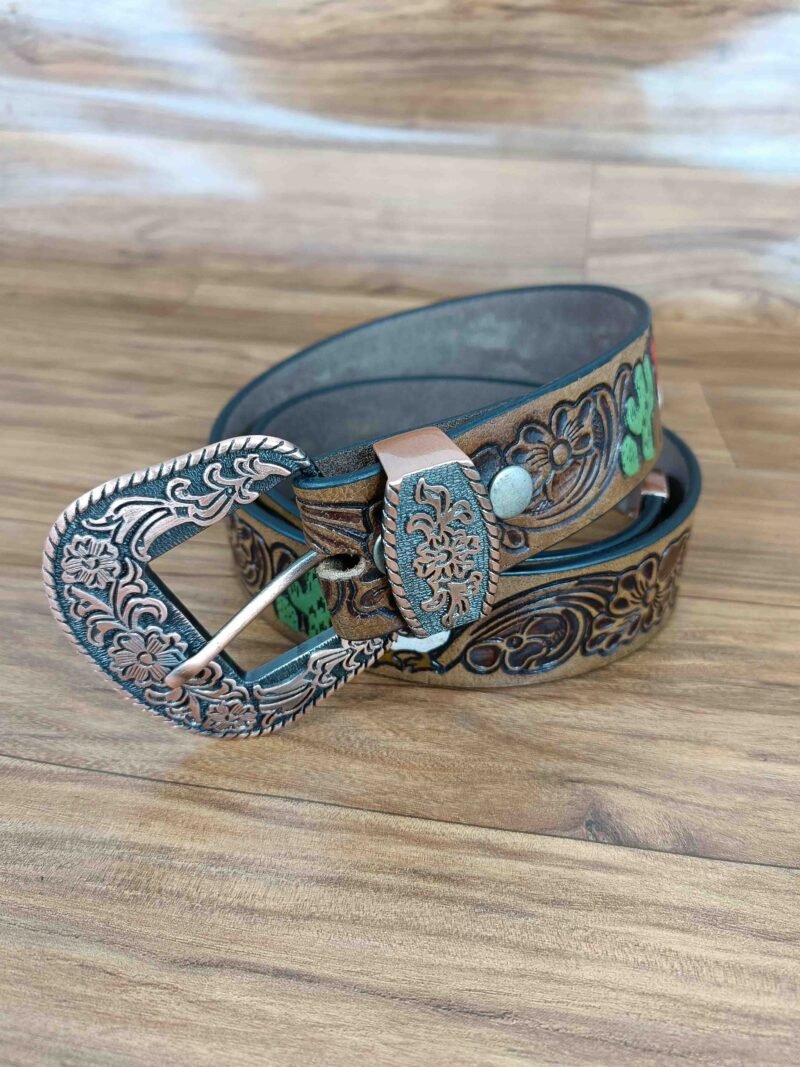 Multicolor Deep Floral Pattern Tooled Western Belt - Image 3