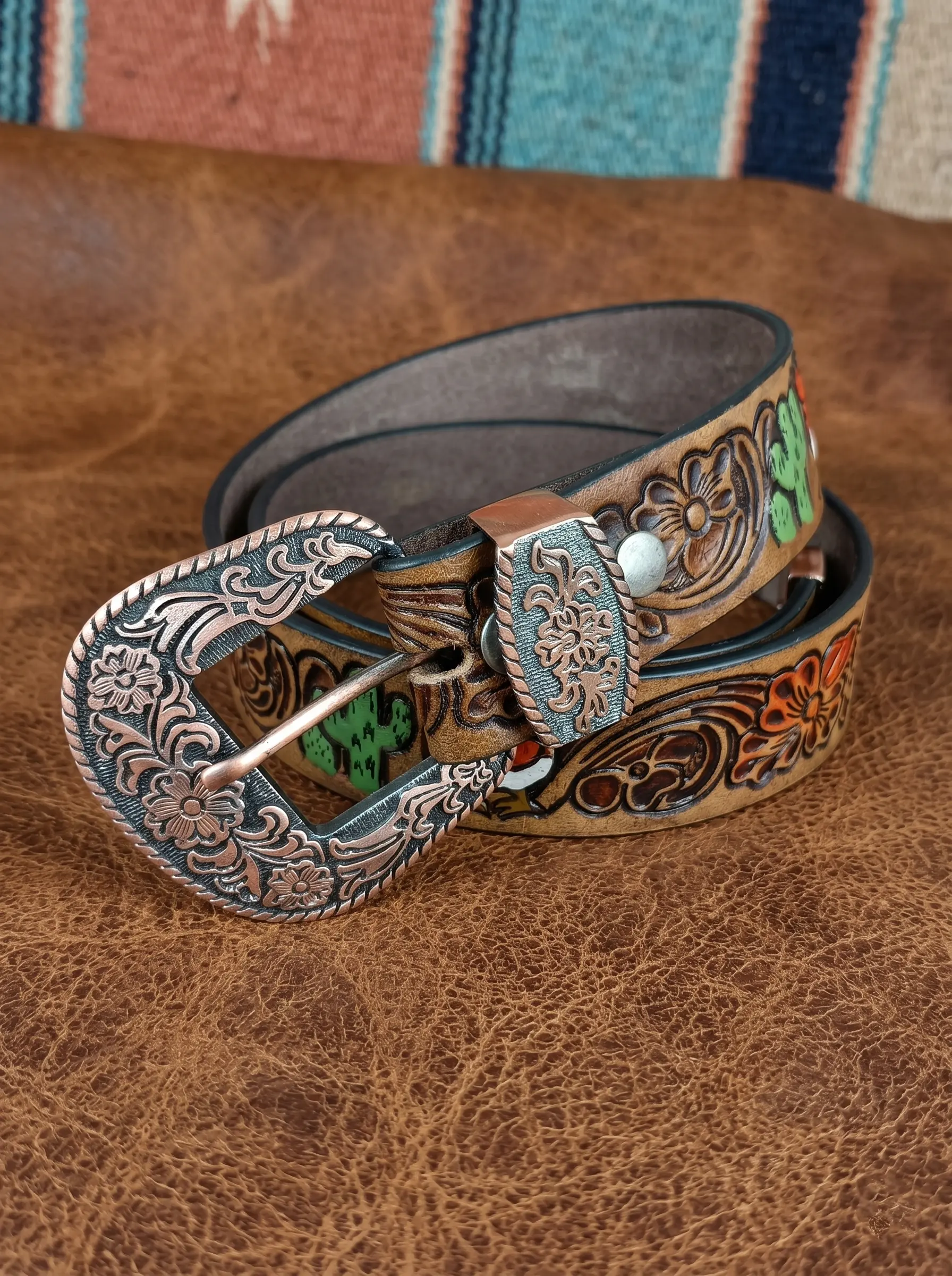 Multicolor Deep Floral Pattern Tooled Western Belt - Image 3