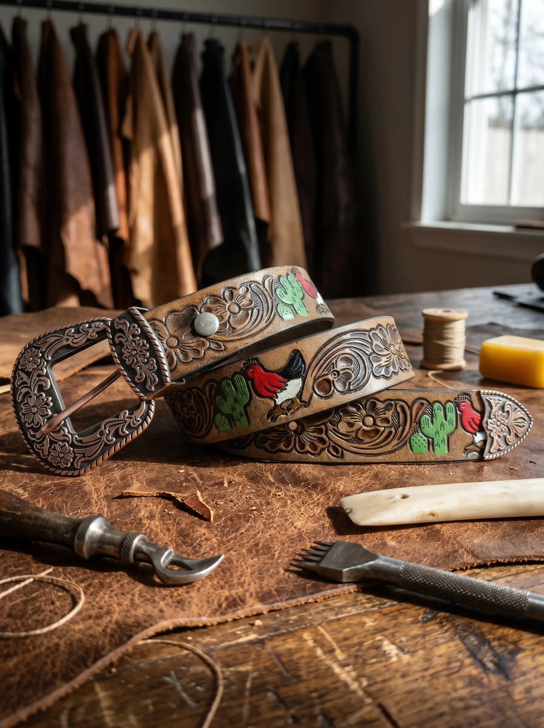 Multicolor Deep Floral Pattern Tooled Western Belt - Image 2