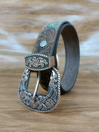 Multicolor Deep Floral Pattern Tooled Western Belt