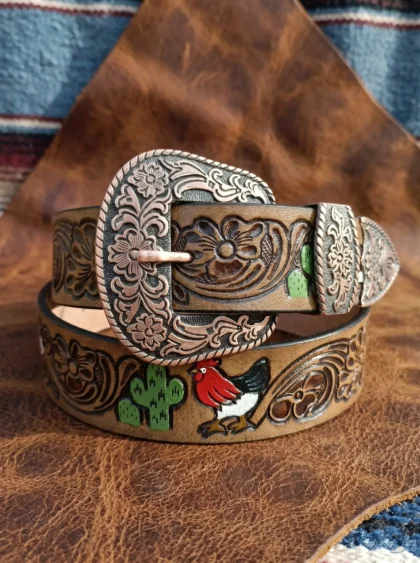 Multicolor Deep Floral Pattern Tooled Western Belt