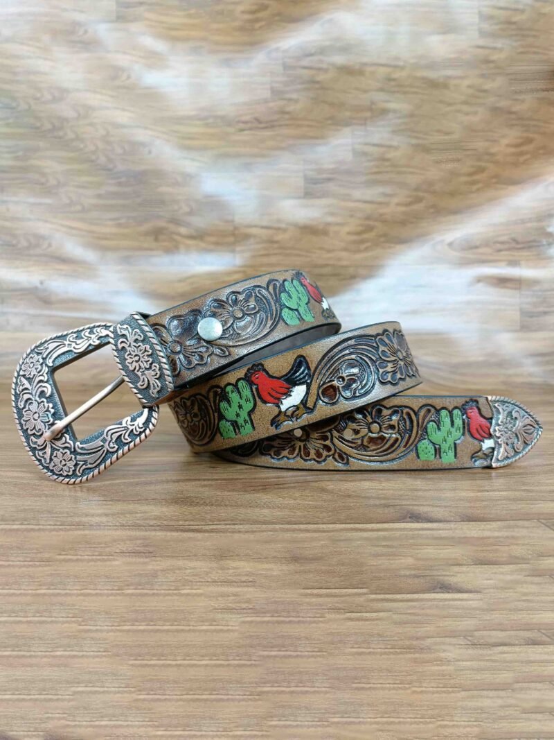 Multicolor Deep Floral Pattern Tooled Western Belt - Image 4