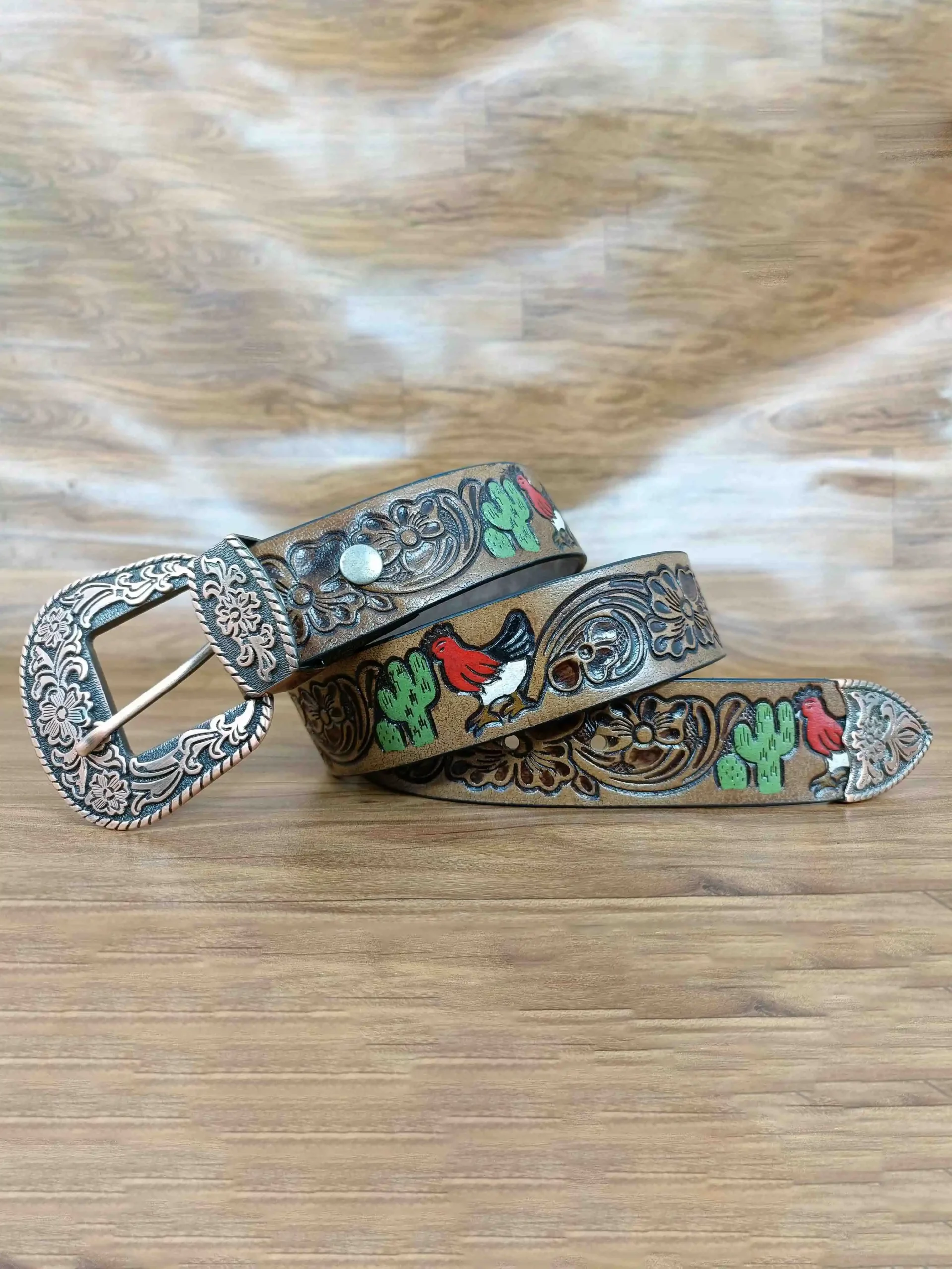 Multicolor Deep Floral Pattern Tooled Western Belt - Image 2