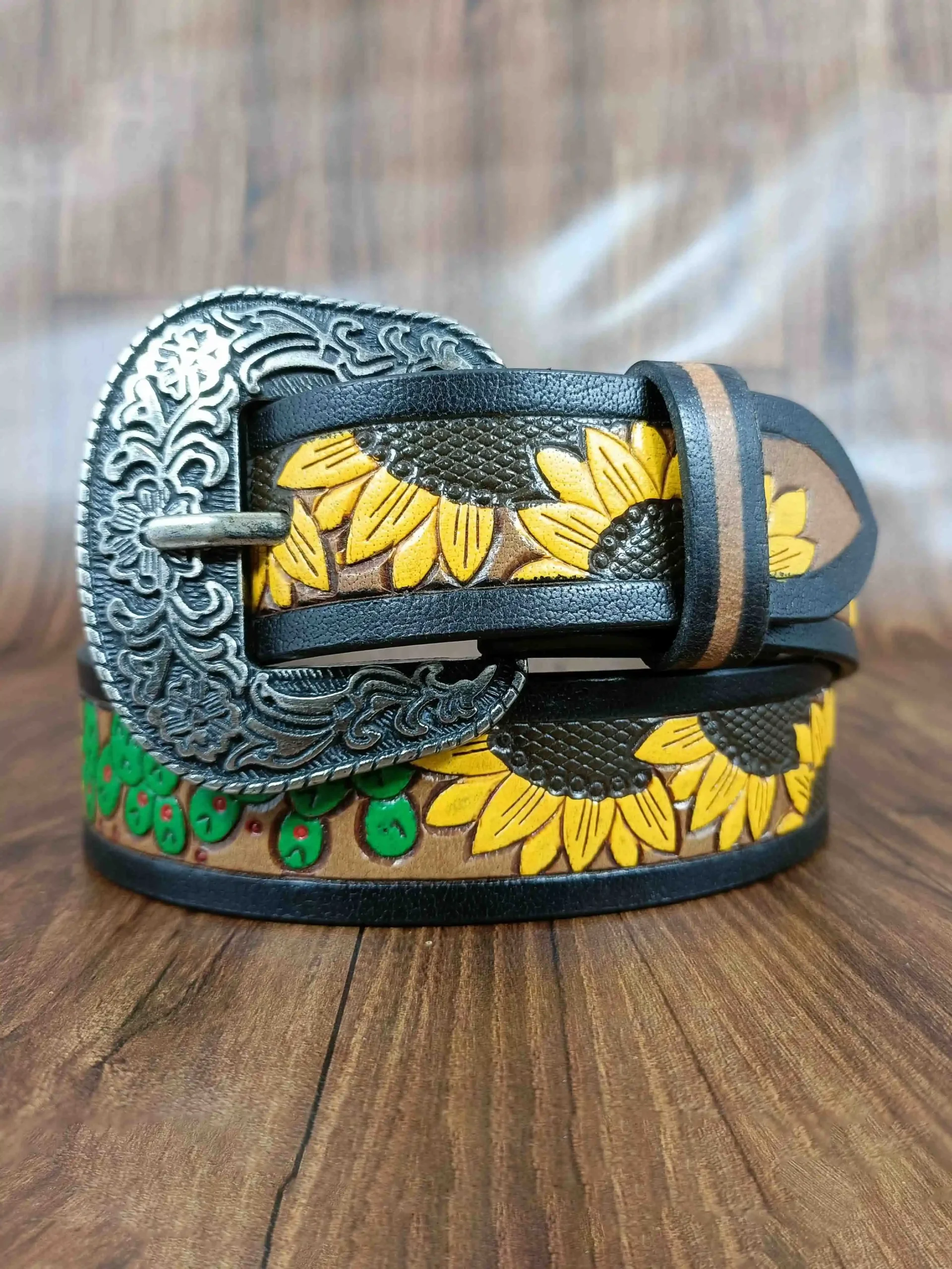 Hand-Painted Sunflower Design Tooled Western Belt