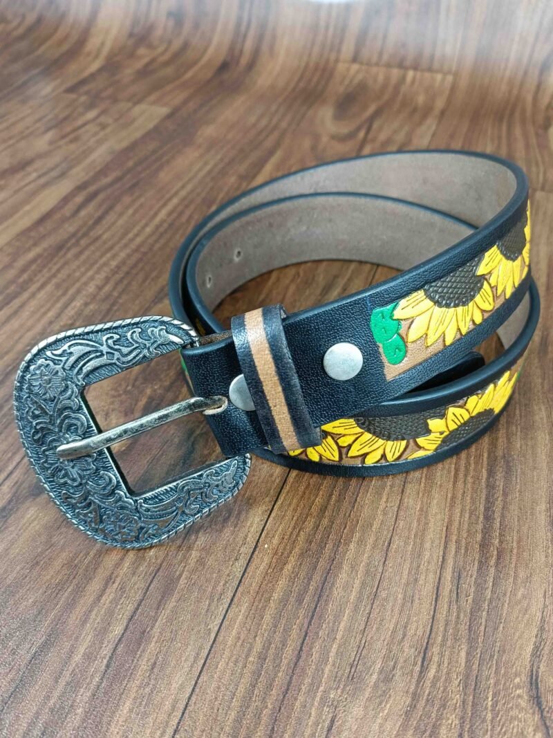 Hand-Painted Sunflower Design Tooled Western Belt - Image 3
