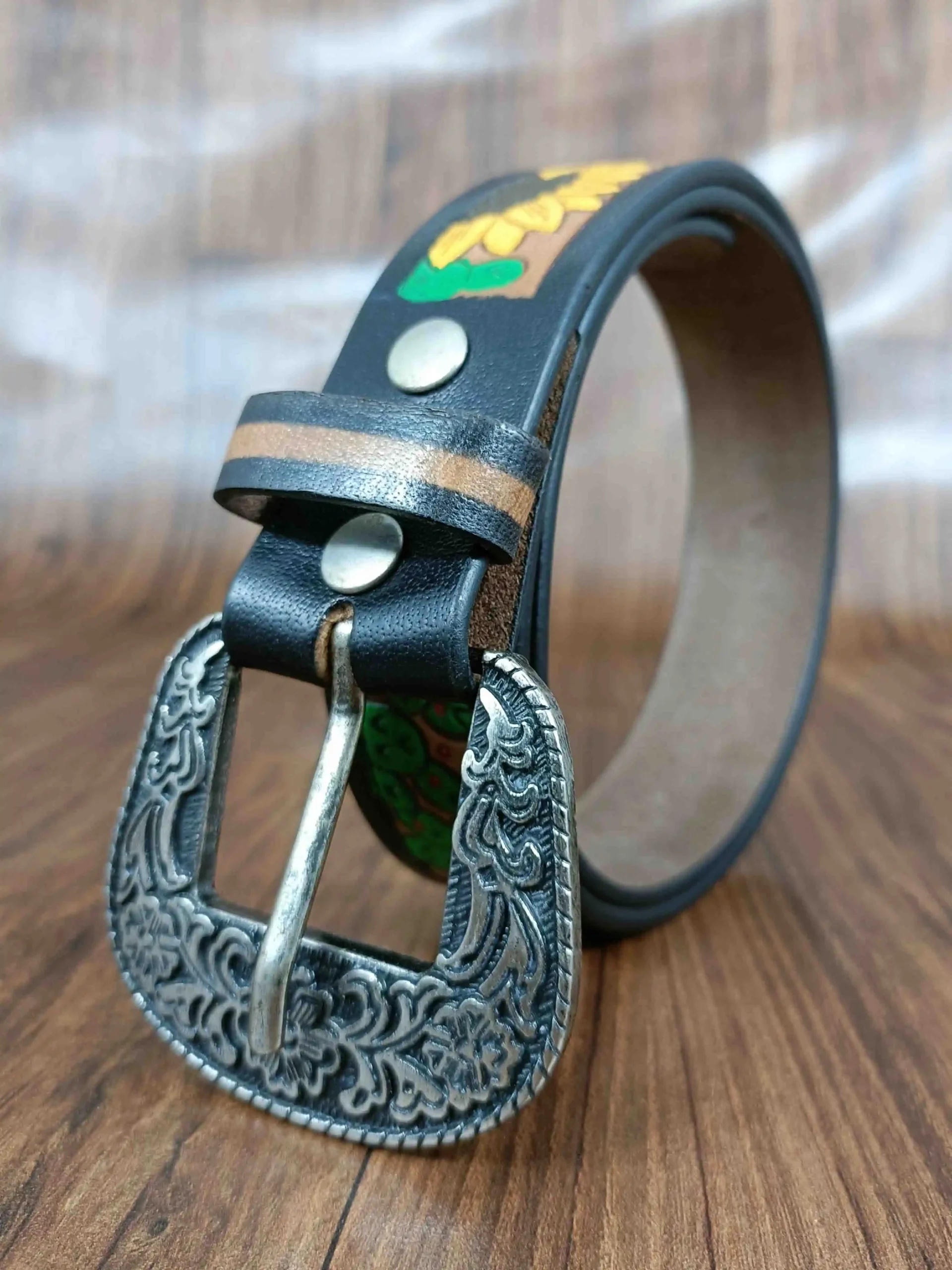 Hand-Painted Sunflower Design Tooled Western Belt - Image 3