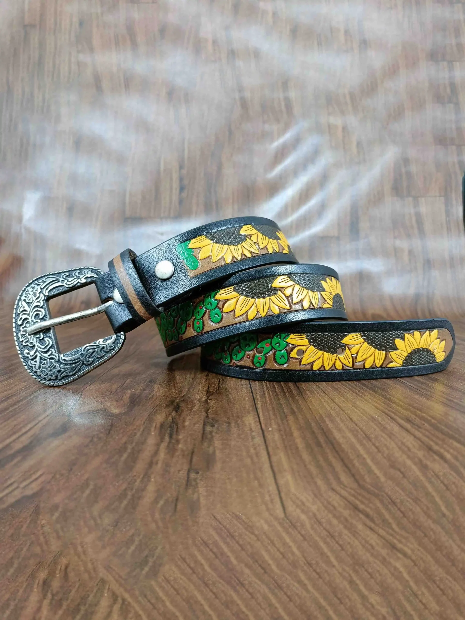 Hand-Painted Sunflower Design Tooled Western Belt - Image 2