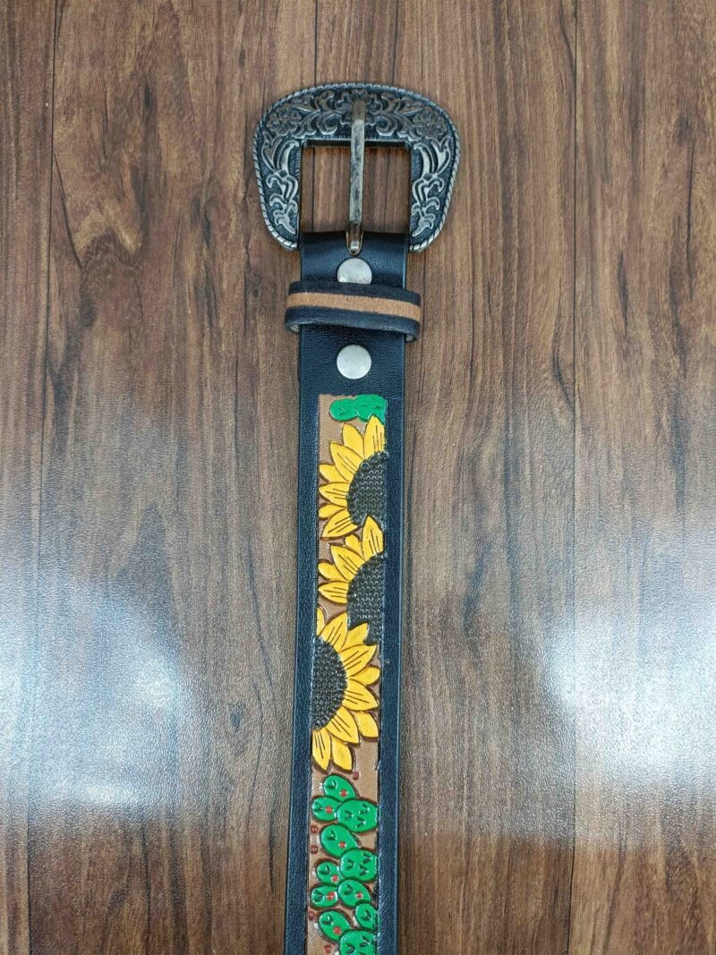 Hand-Painted Sunflower Design Tooled Western Belt - Image 5