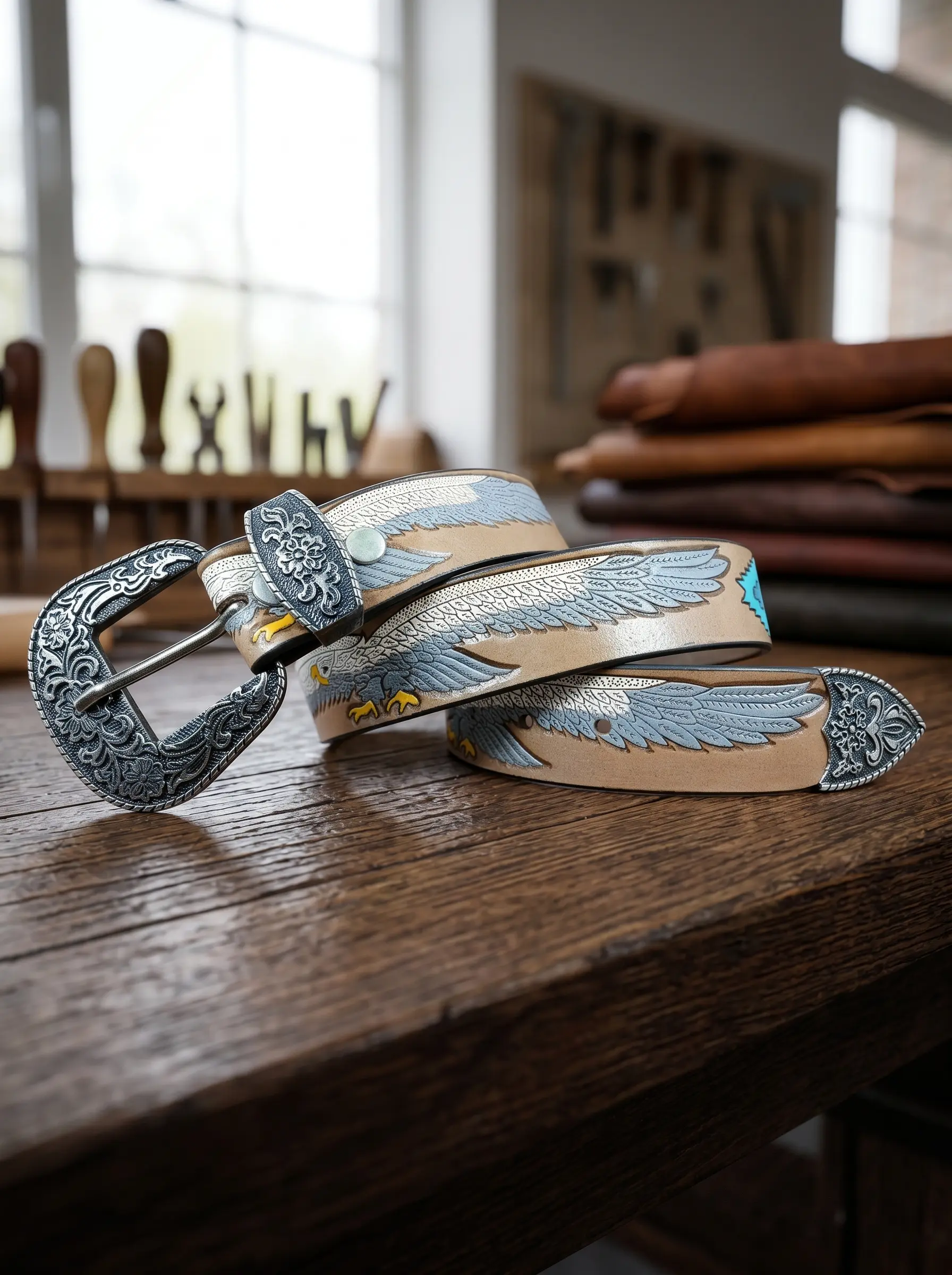 Eagle Wing Design Tooled Western Belt - Image 2