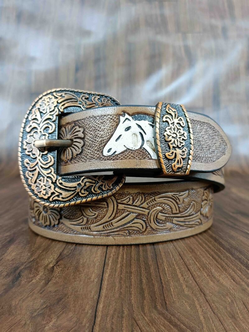 Horse Head Design Tooled Western Belt - Image 2