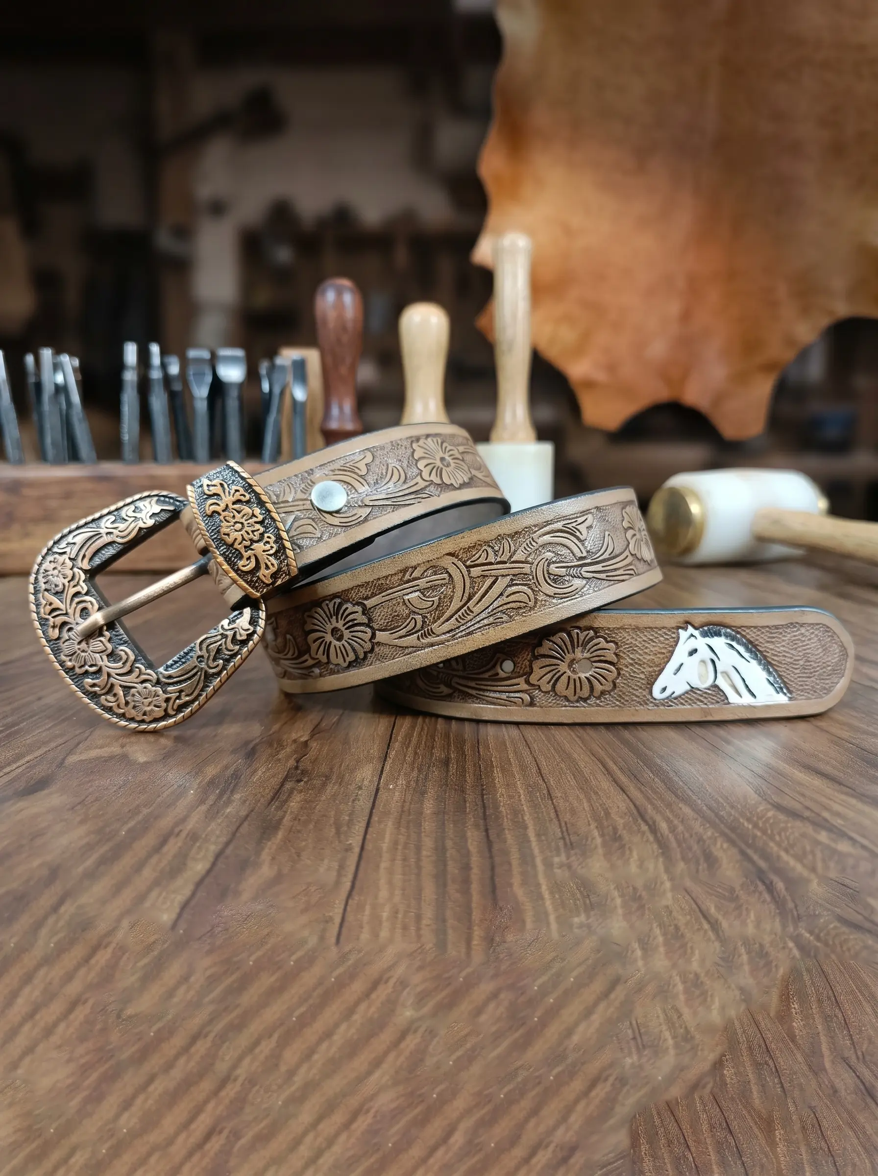 Horse Head Design Tooled Western Belt - Image 2